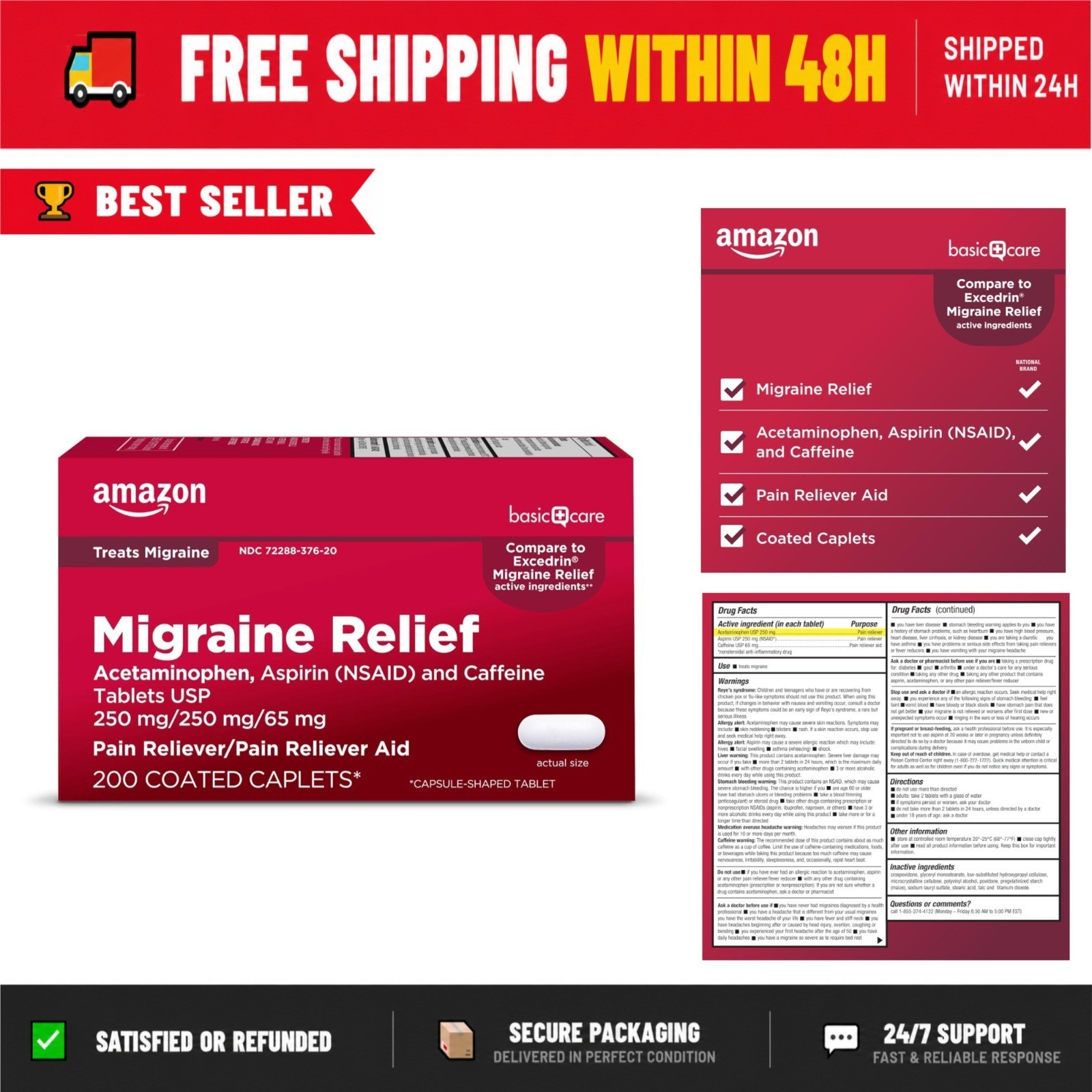Migraine Relief Acetaminophen Aspirin Caffeine Tablets 200 Count