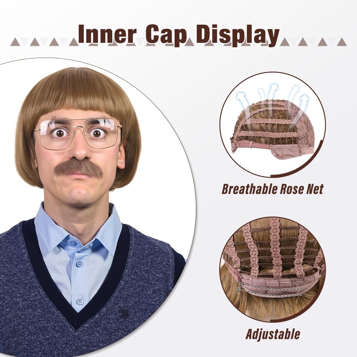 Short Straight 60 70s Bowl Cut Funny Wig with Glasses and Mustache for Men Crazy