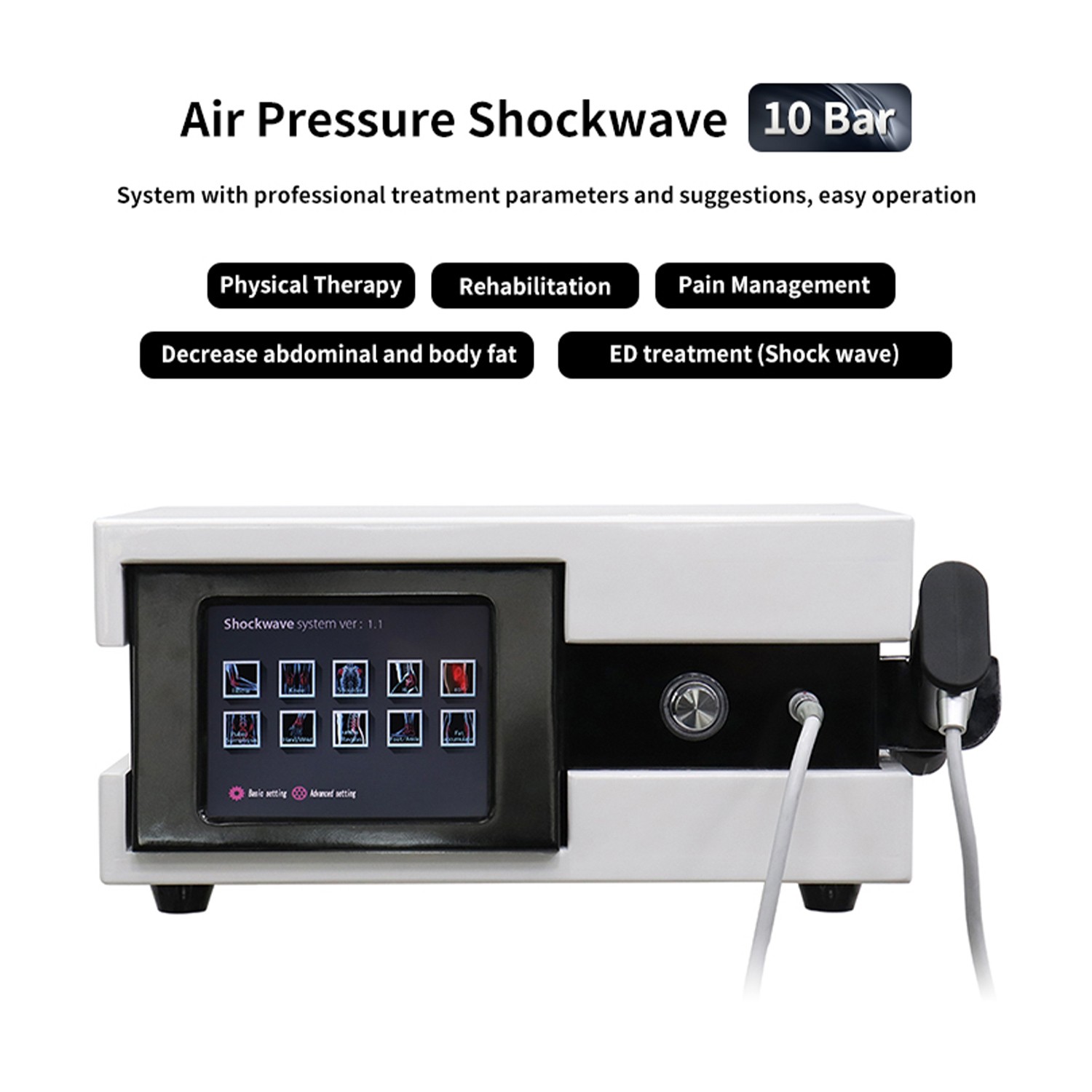 10 Bar ED Shockwave Therapy Machine Pneumatic Shock Wave Treatment Pain Relief