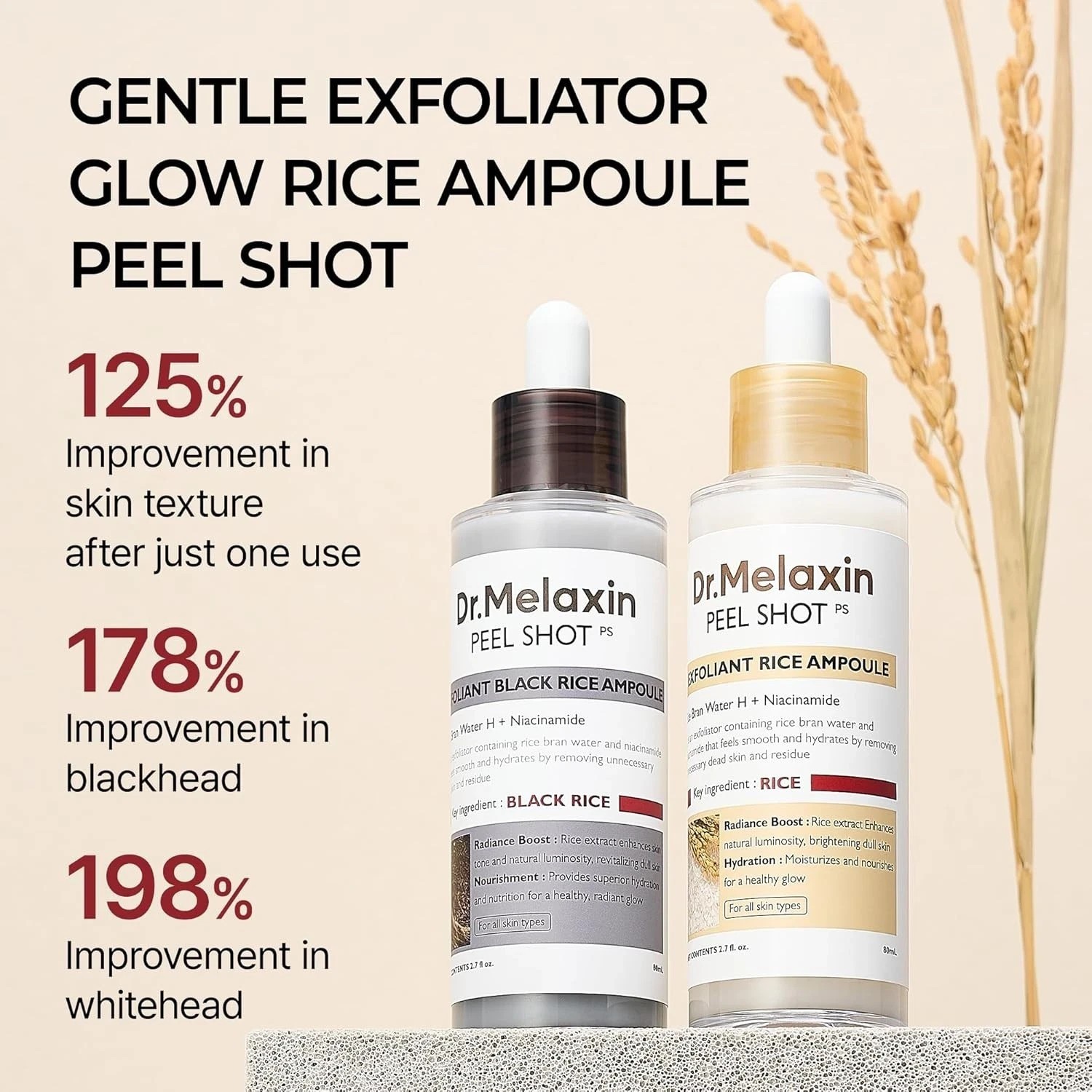 Dr.Melaxin Peel Shot Glow White and Black Rice Ampoule Duo, All Skin Types
