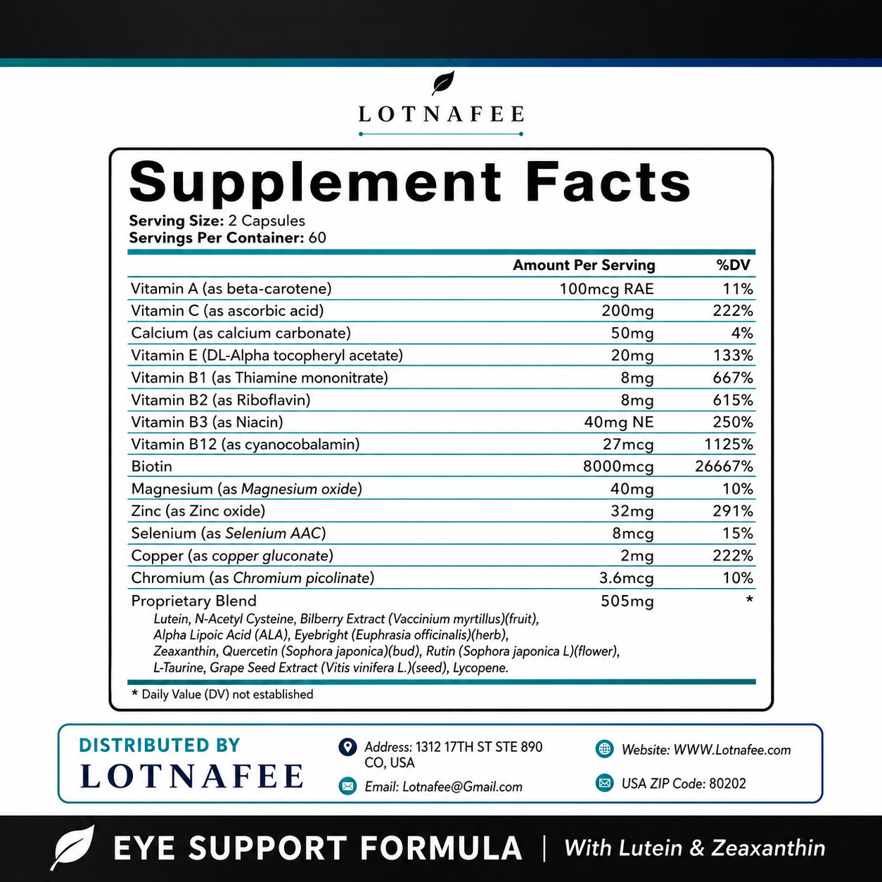 Lotnafee Eye Health Capsules (60 capsules) — Contains lutein and zeaxanthin; mai