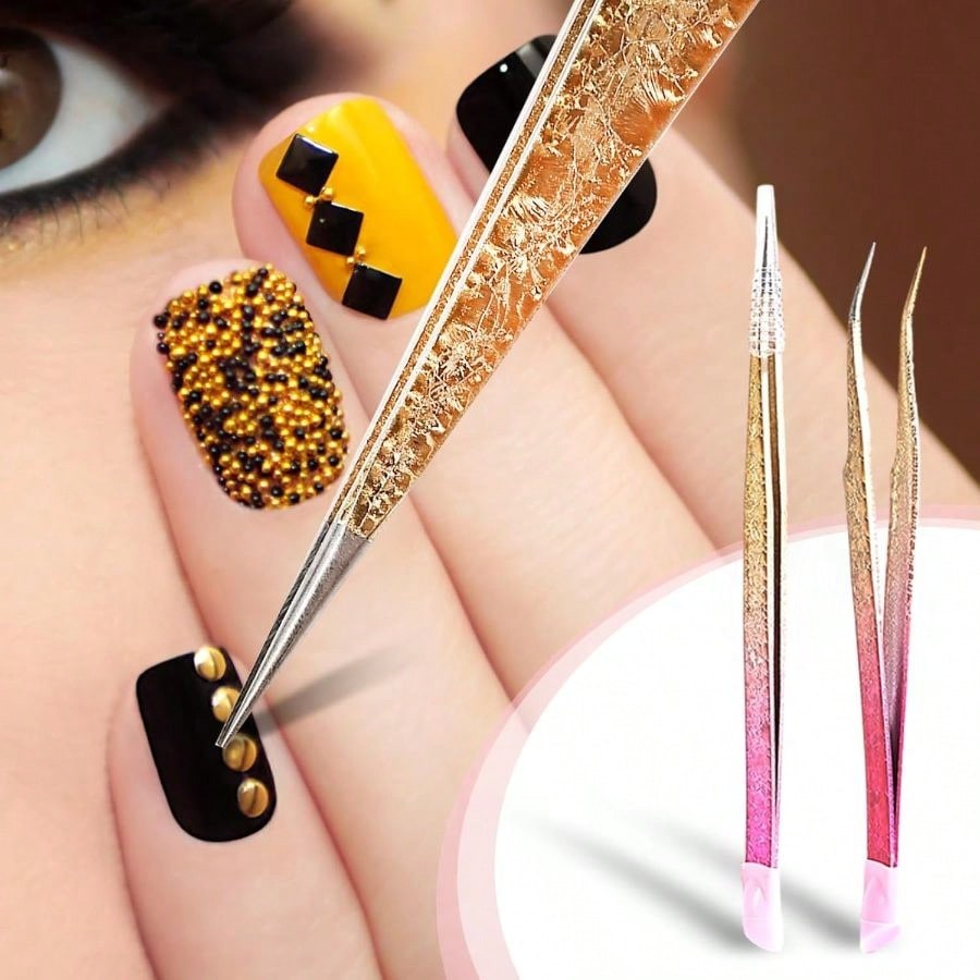 2Pcs Default Nail Art Tweezers Straight Curved Tip With Silicone Pressing