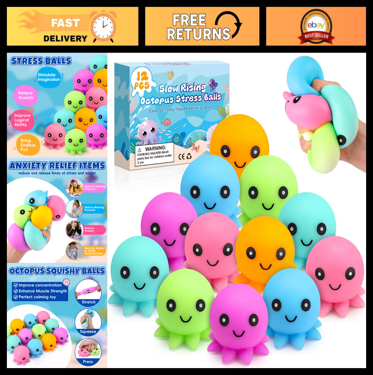12 Pack Cute Octopus Stress Balls – Fidget Toys, Squishy Squeeze Balls, Party Fa