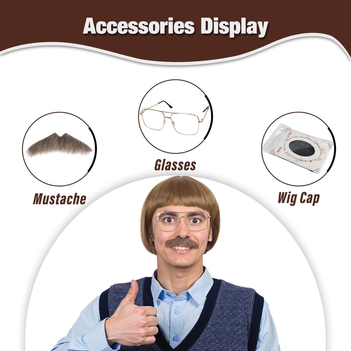 Short Straight 60 70s Bowl Cut Funny Wig with Glasses and Mustache for Men Crazy
