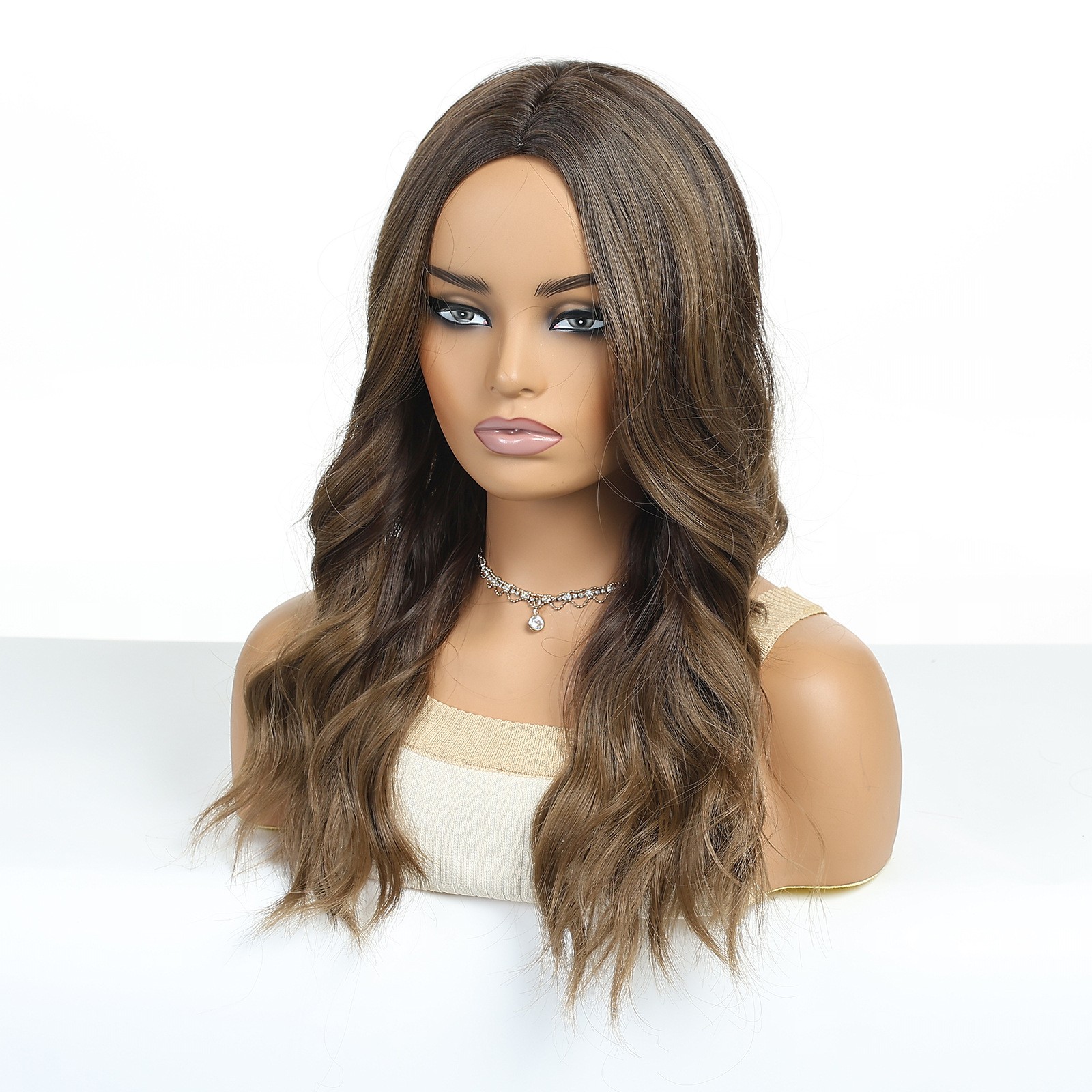 Highlight Brown Long Curly Wig Middle Part Fluffy Natural Full Head Synthetic