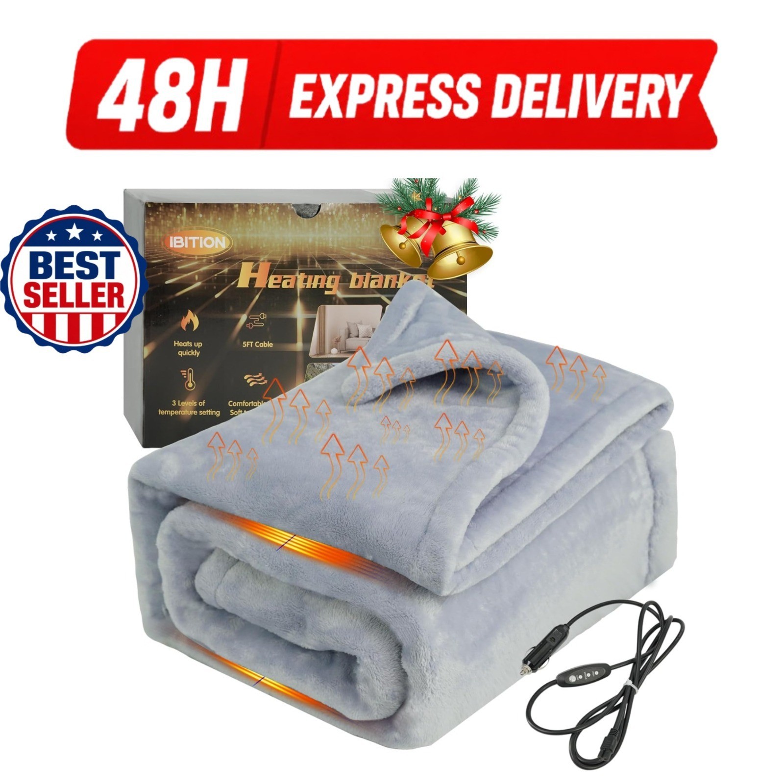 IBITION 12V Electric Heated Blanket for Car, Machine Washable, 3 Heating Levels