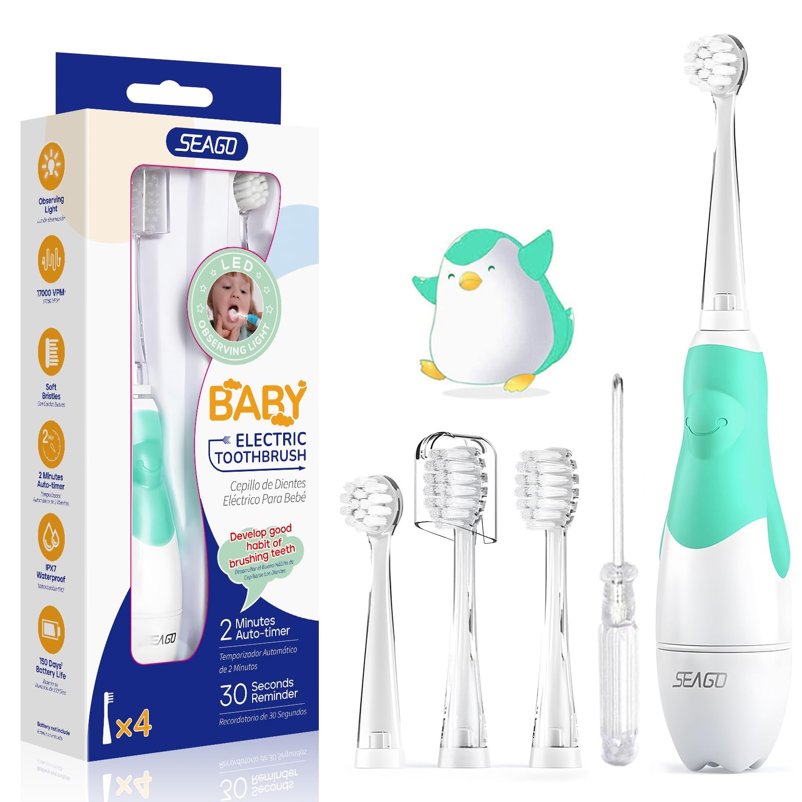 SEAGO Baby Toothbrush Age 0-2-3 Years Old 1 Count (Pack of 1), Green