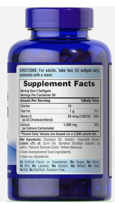 Puritan’s Pride Absorbable Calcium 1200 mg – 100 Rapid Release Softgels