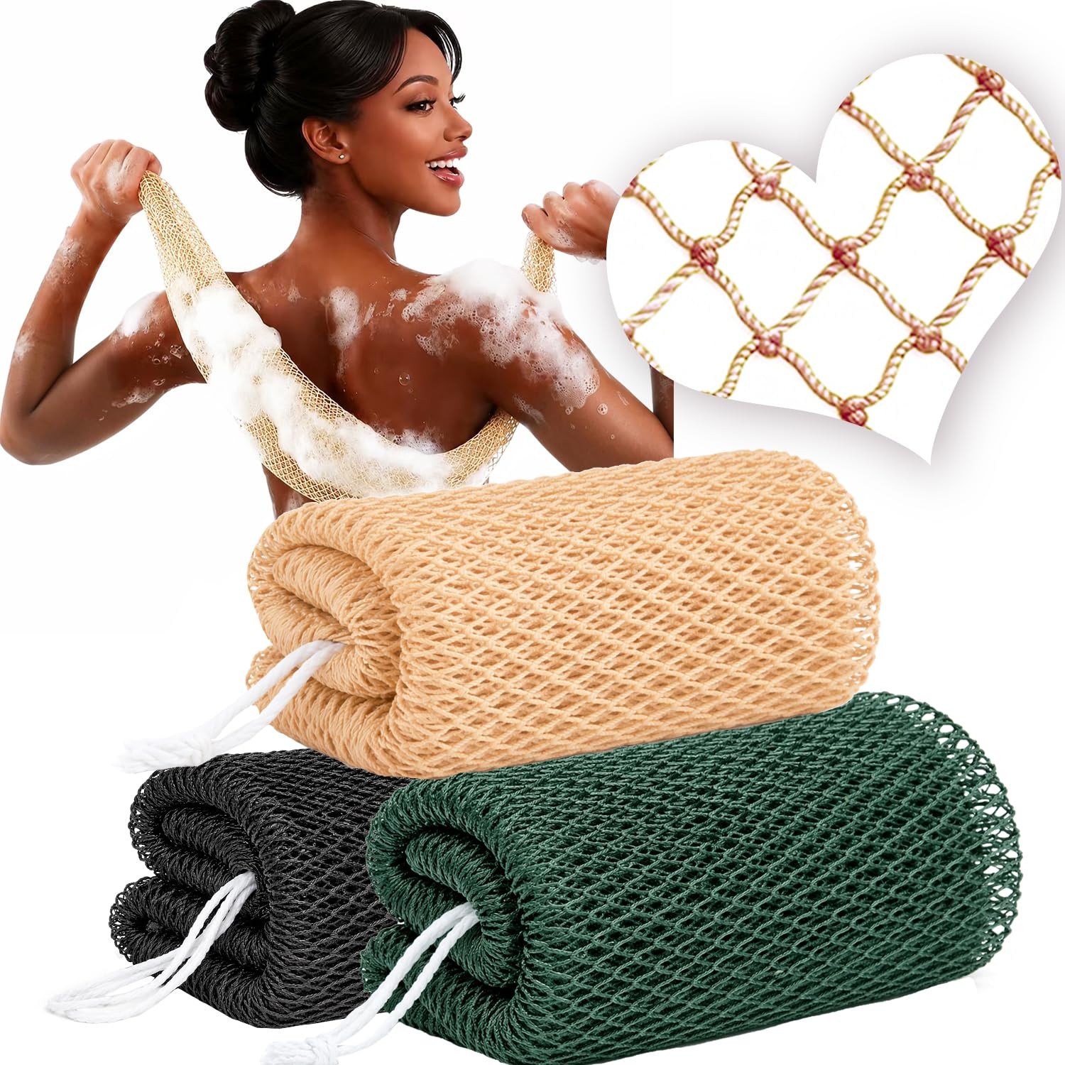 African Net Sponge Authentic, 3 Pcs 3 Packs, Black+olive Green+champagne Gold