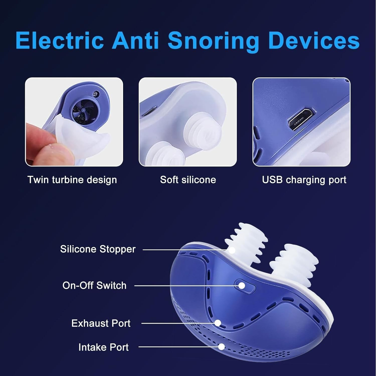 ABS Electric Stop Snoring Device Depth Sleep Anti Snore Silicone Correction Blue