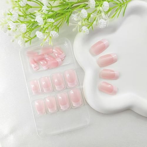 Medium Press on Nails Square False Nails with Glitter Design White French Tip