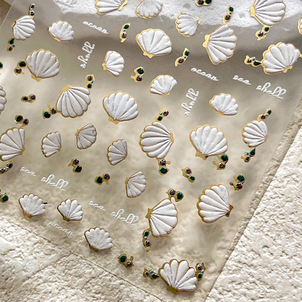 1Pcs 5D Embossed White Seashell Nail Stickers Gold Border Scallop Self Adhesive
