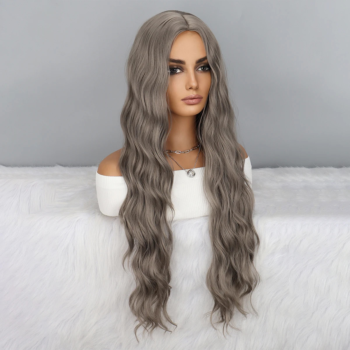 Long Wavy Middle Part Wig No Bangs Synthetic Curly Hair Women Party Cosplay