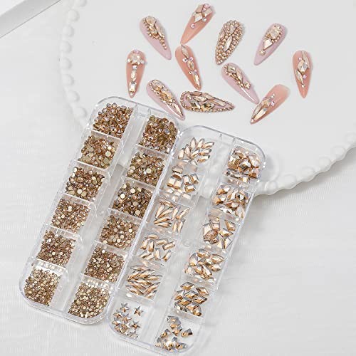 Nail Rhinestones – 3D Multi Shape Size Crystal Nail Gems, Flat Champagne Gold