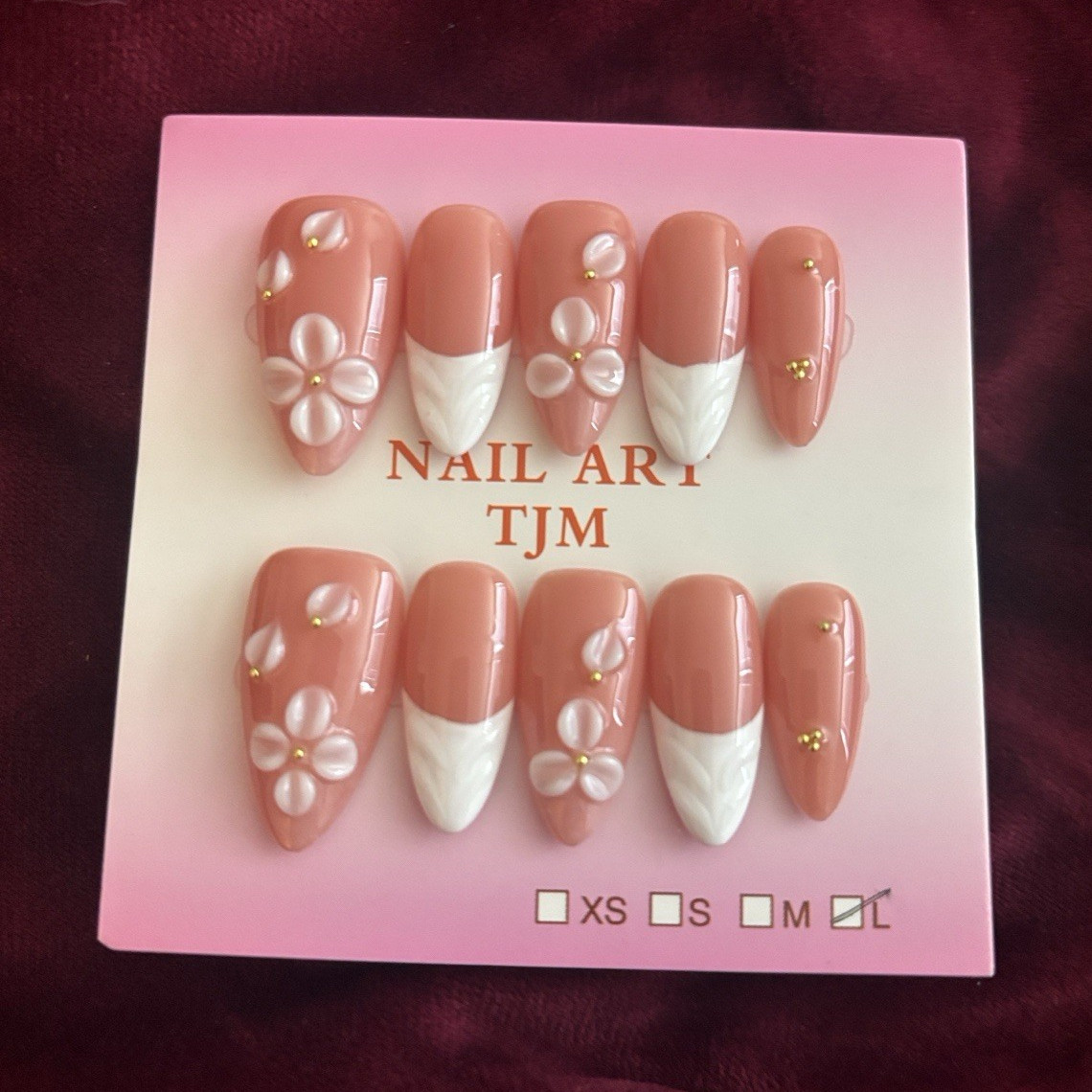 NAIL ART TJM Press-On Nails Set Pink/White French 3D Flowers Long Almond