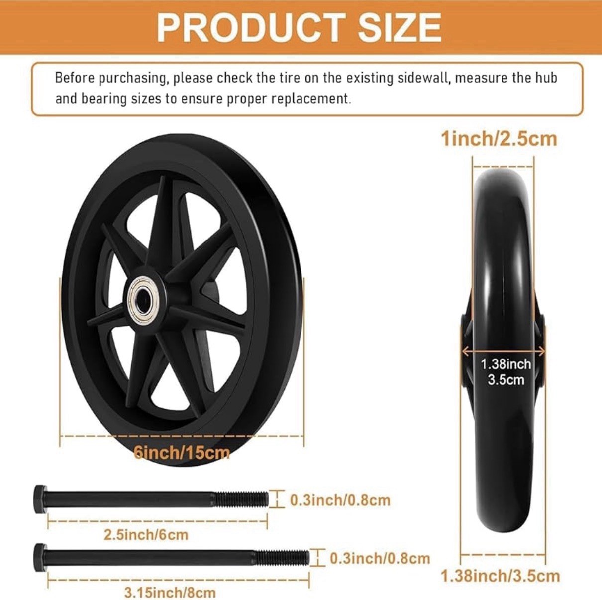 2Pcs 6 Inch Wheelchair Wheels Rubber Tires Anti-Slip Durable ABS Hub For Walkers