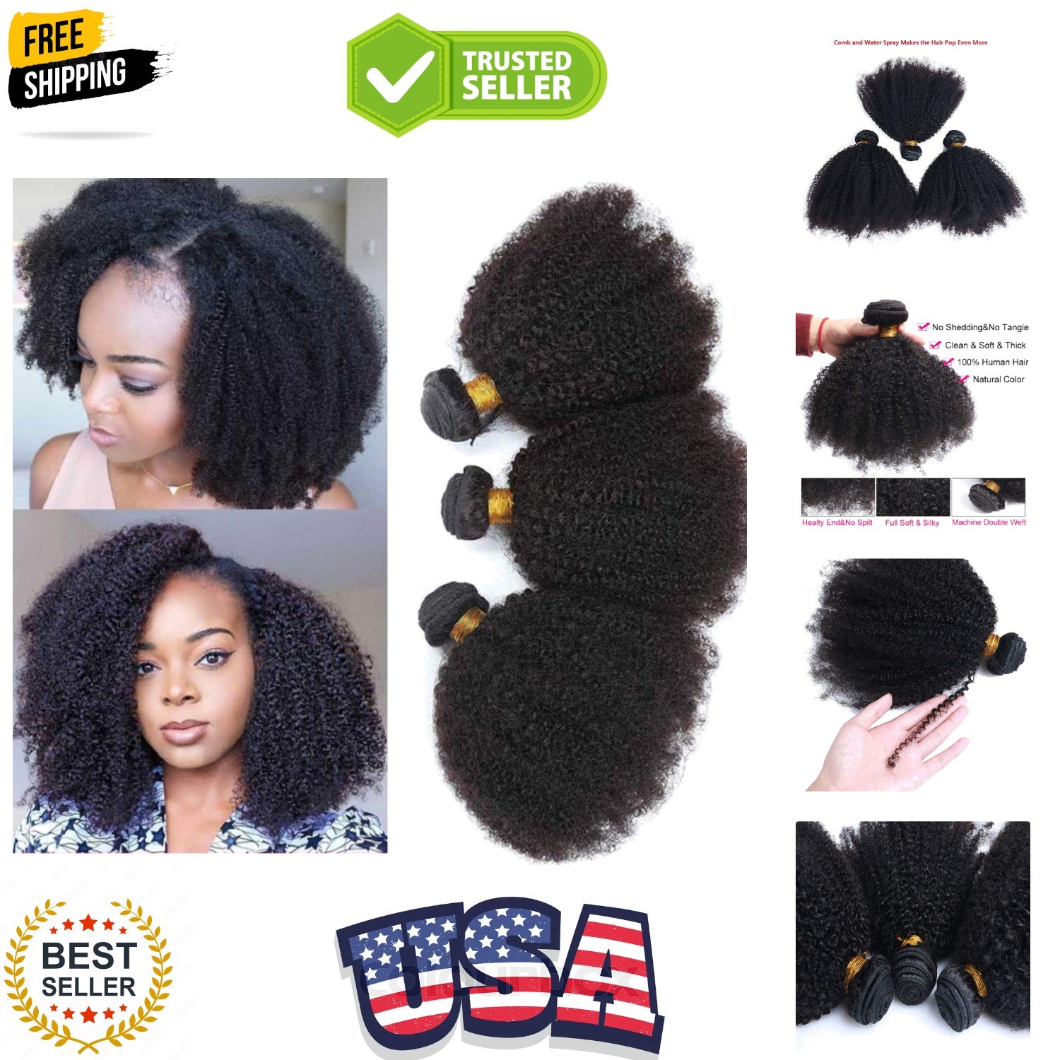 Mongolian Afro Kinky Curly Bundles Human Hair 4B 4C Afro Kinky Human Hair Bun…