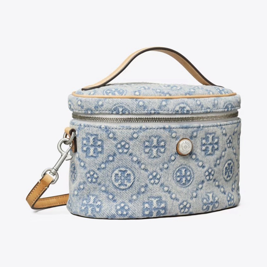 Fabric Makeup Bag Case Blue/Beige/Brown Pattern Zipper Top Handle Strap