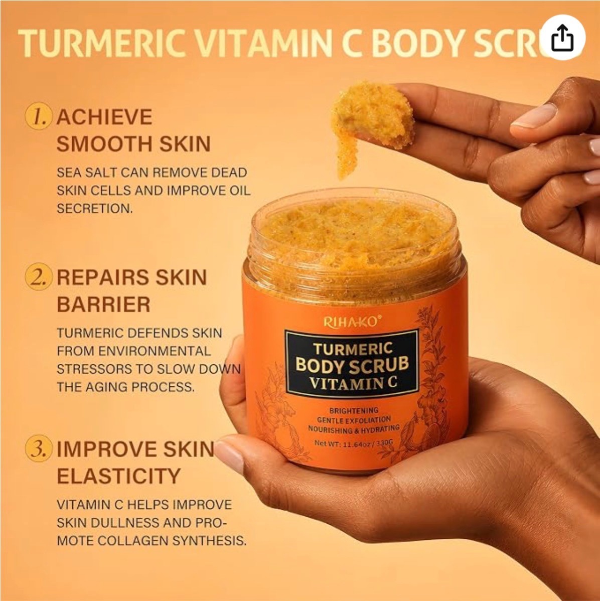 Turmeric Body Scrub with Vitamin C Exfoliating Moisturizing Skin Scrub 11.64oz