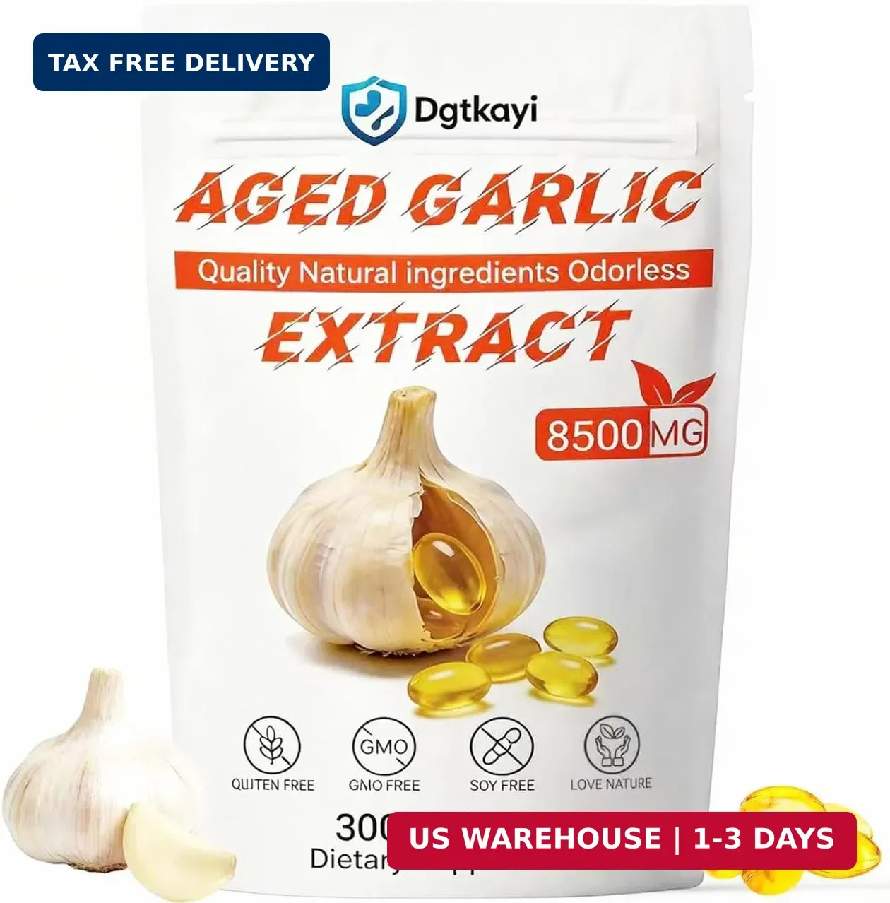 Odorless Aged Garlic Extract 8500mg – 300 Softgels, 2 Year Aged Organic Garlic S