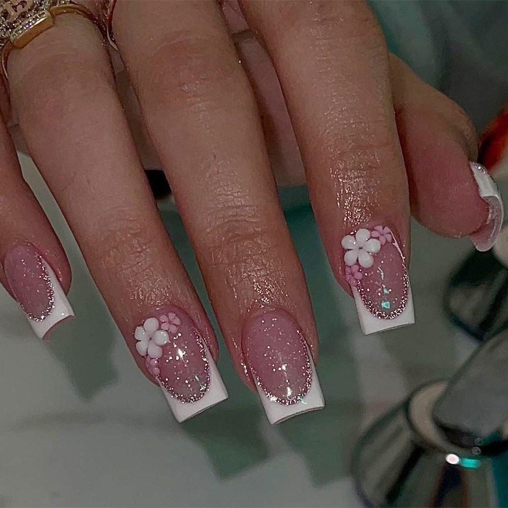 24PCS Glitter French Press-On Nails w/ 3D Flowers – Square Elegant