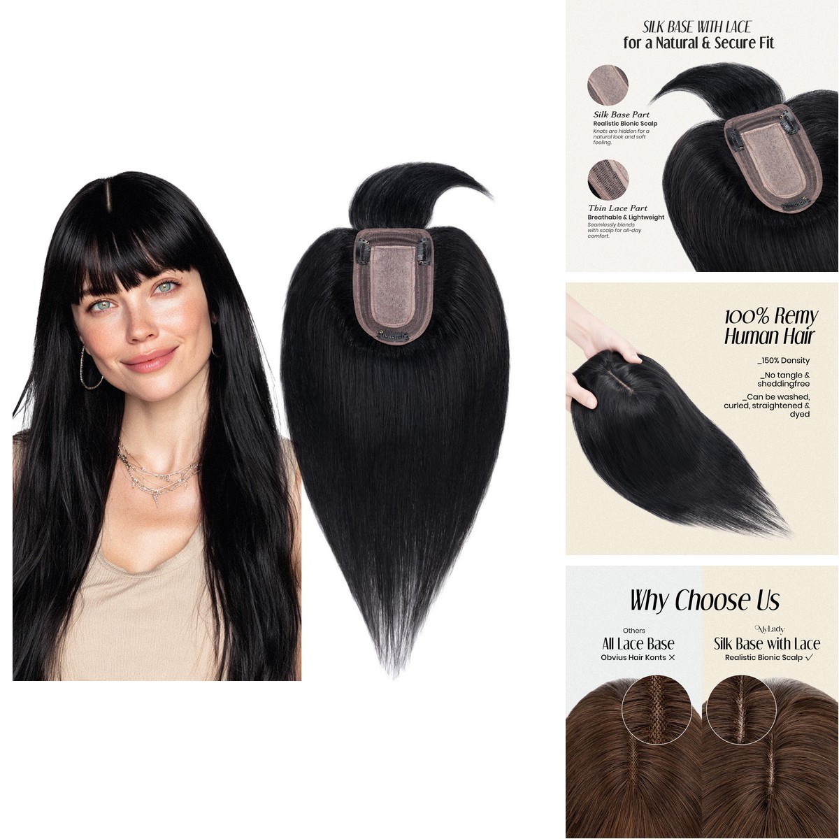 MY-LADY Real Human Hair Topper For Women Bangs 7 13CM Base 8″ Jet Black