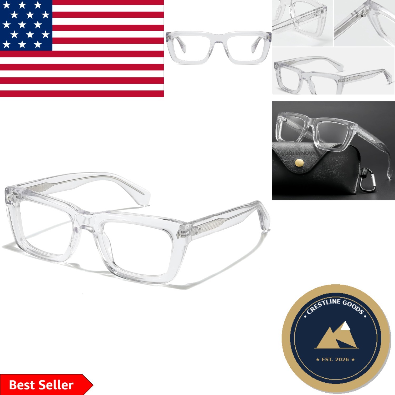 Sutton Retro Rectangle Clear Acetate Eyeglass Frames for Unisex Adults 53-21-148