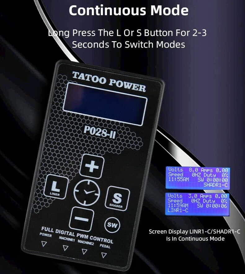 Professional Precise P028-II Tattoo Power Supply Dual Mode LCD Screen with Pedal