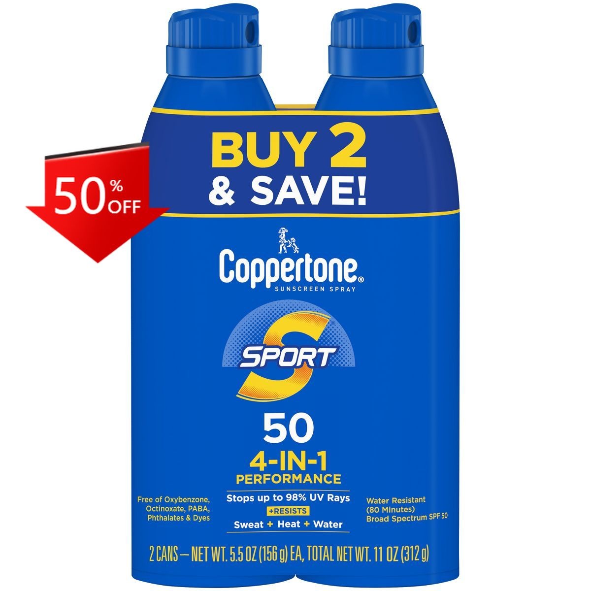 Coppertone Sport Sunscreen Spray – SPF 50-11oz – Twin Pack: Paraben-Free,Scented