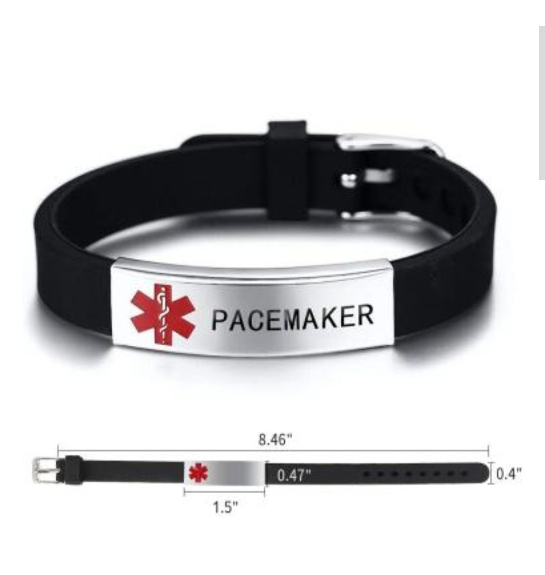Medical Alert Pacemaker Bracelet, Adjustable Black/Silver Stainless Steel Unisex