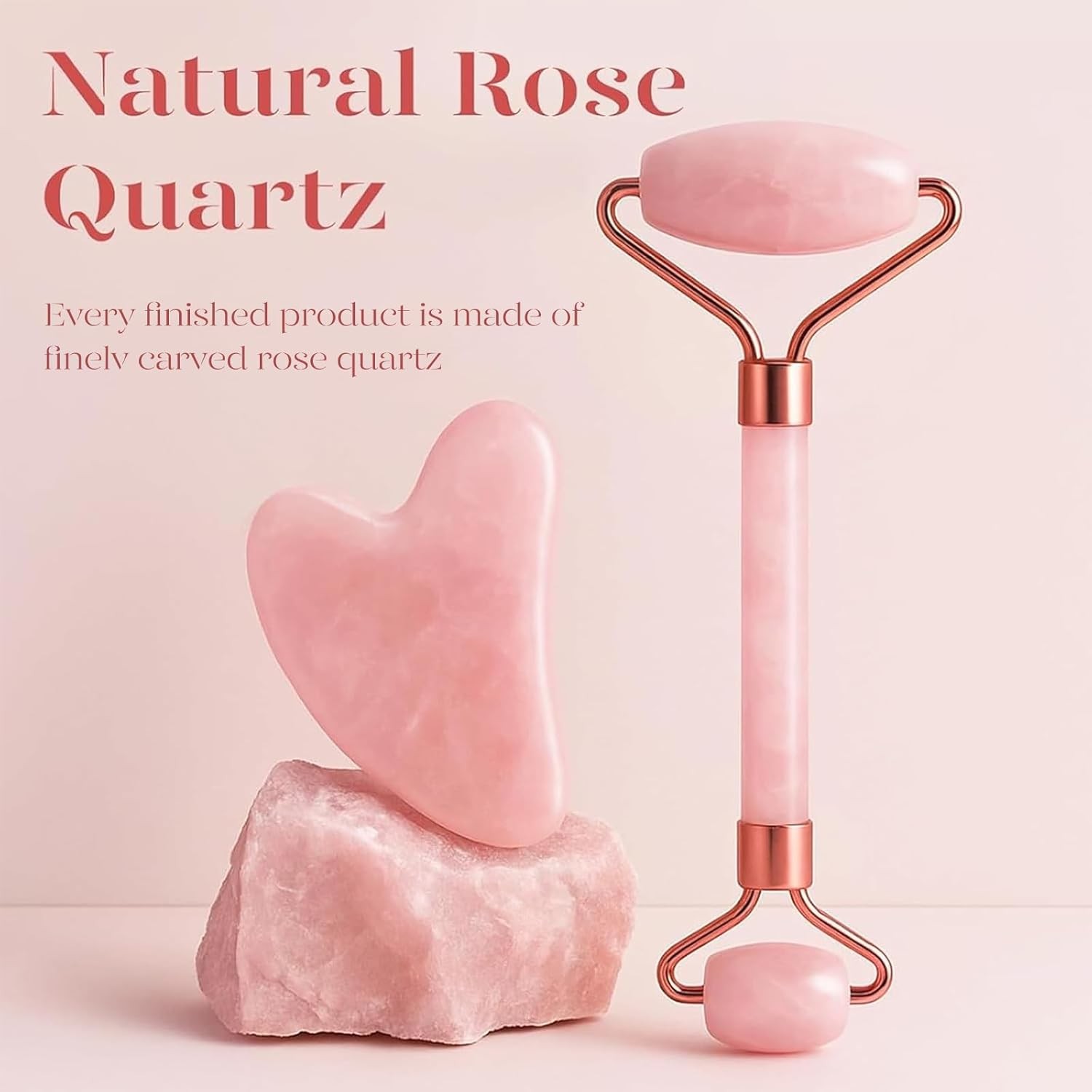 BAIMEI IcyMe Rose Quartz Roller & Gua Sha Set, Cooling Face Roller for Depuffing