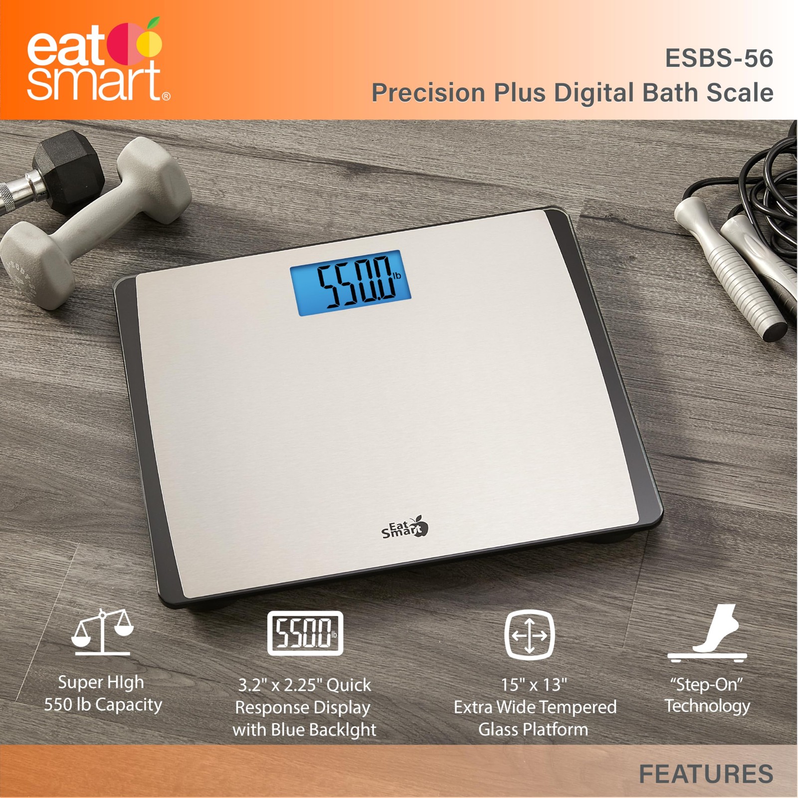 Eat Smart Precision 550 lb Extra-Wide Stainless Steel Digital Bathroom Scale