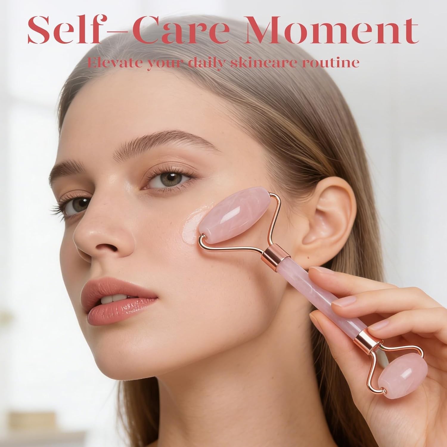 BAIMEI IcyMe Rose Quartz Roller & Gua Sha Set, Cooling Face Roller for Depuffing