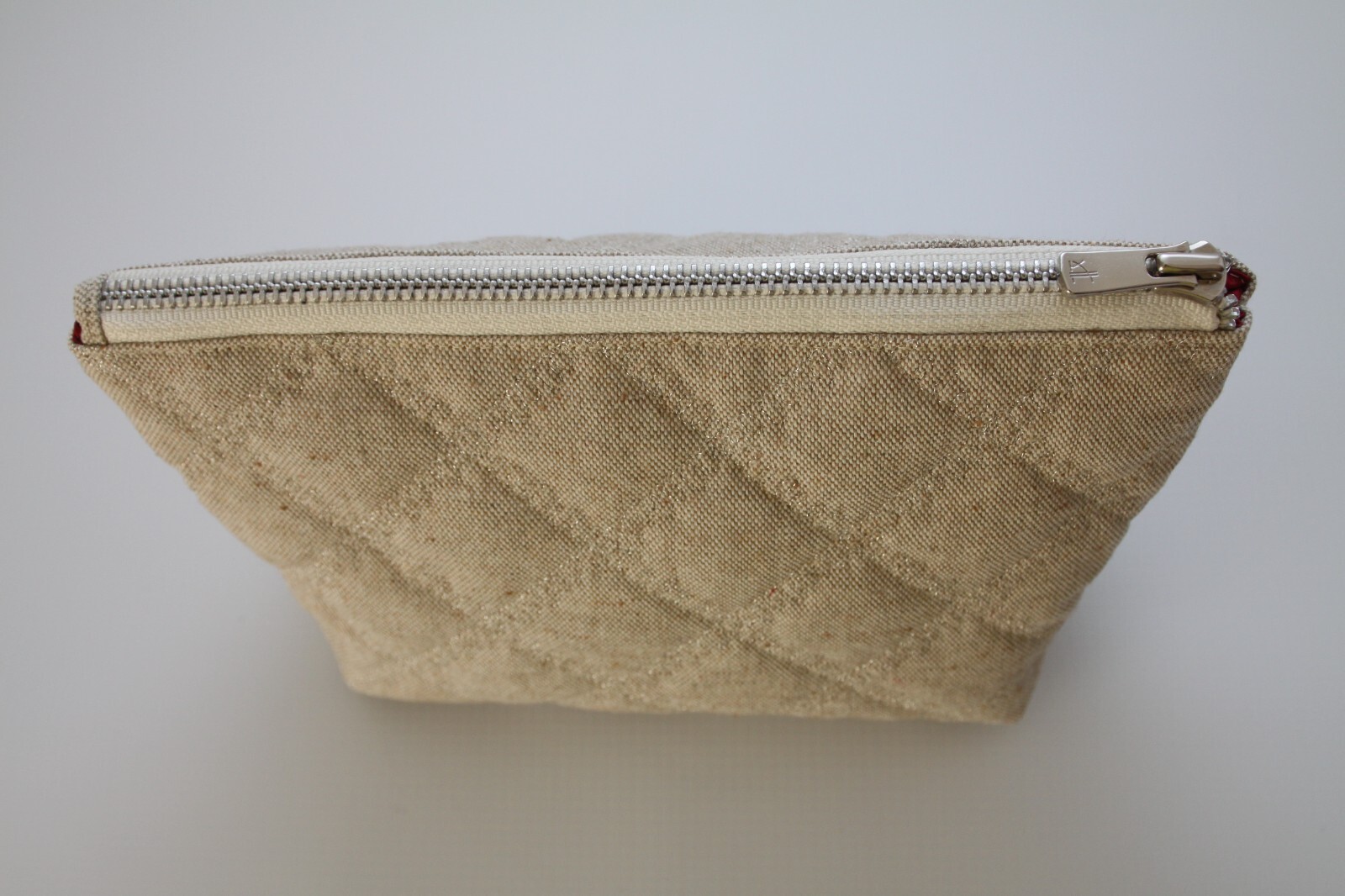 Unique Beige Cotton Makeup Pouch Natural Fabric Zip Top Cosmetic Bag.