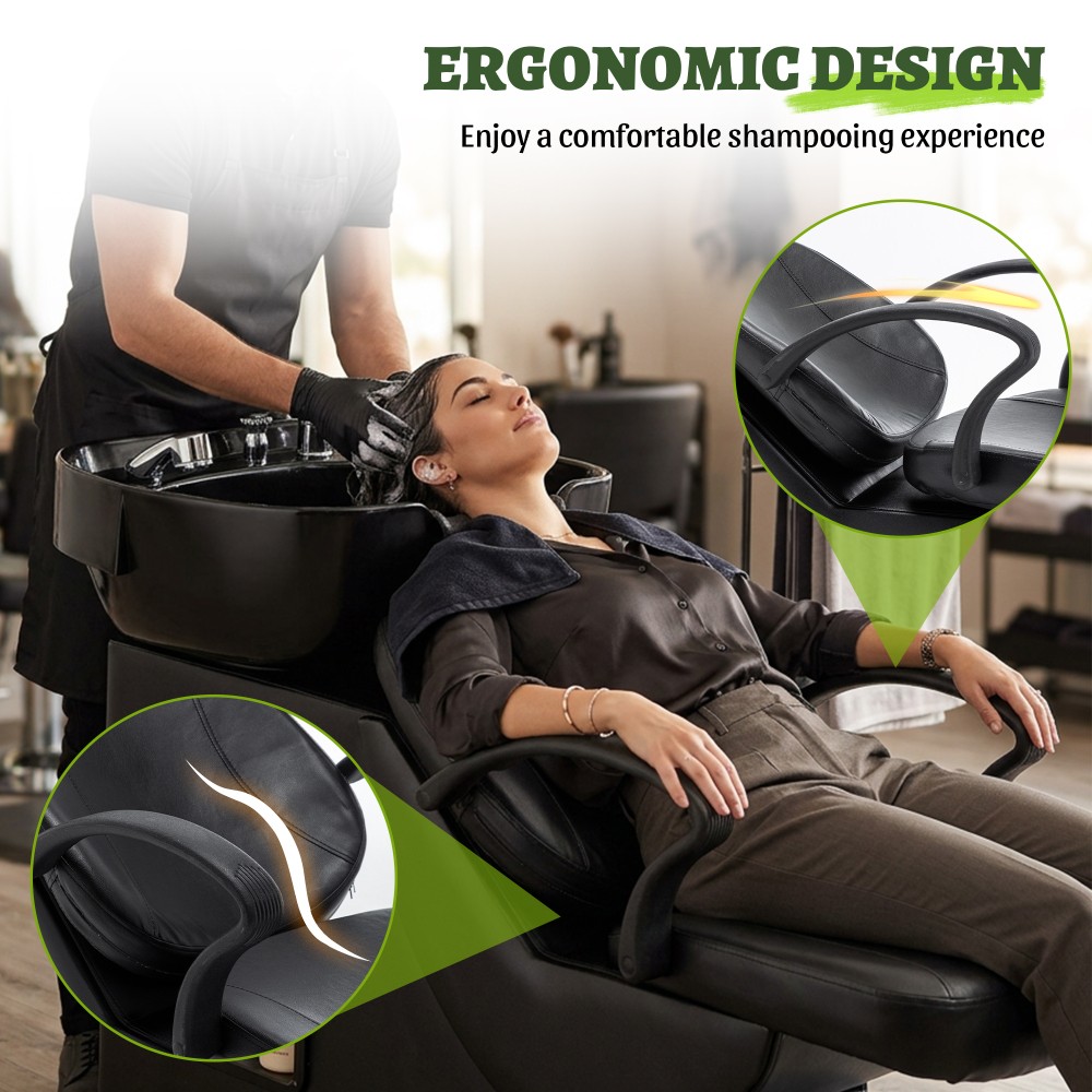 Salon Shampoo Bowl and Chair Set ABS Sink PU Leather Black
