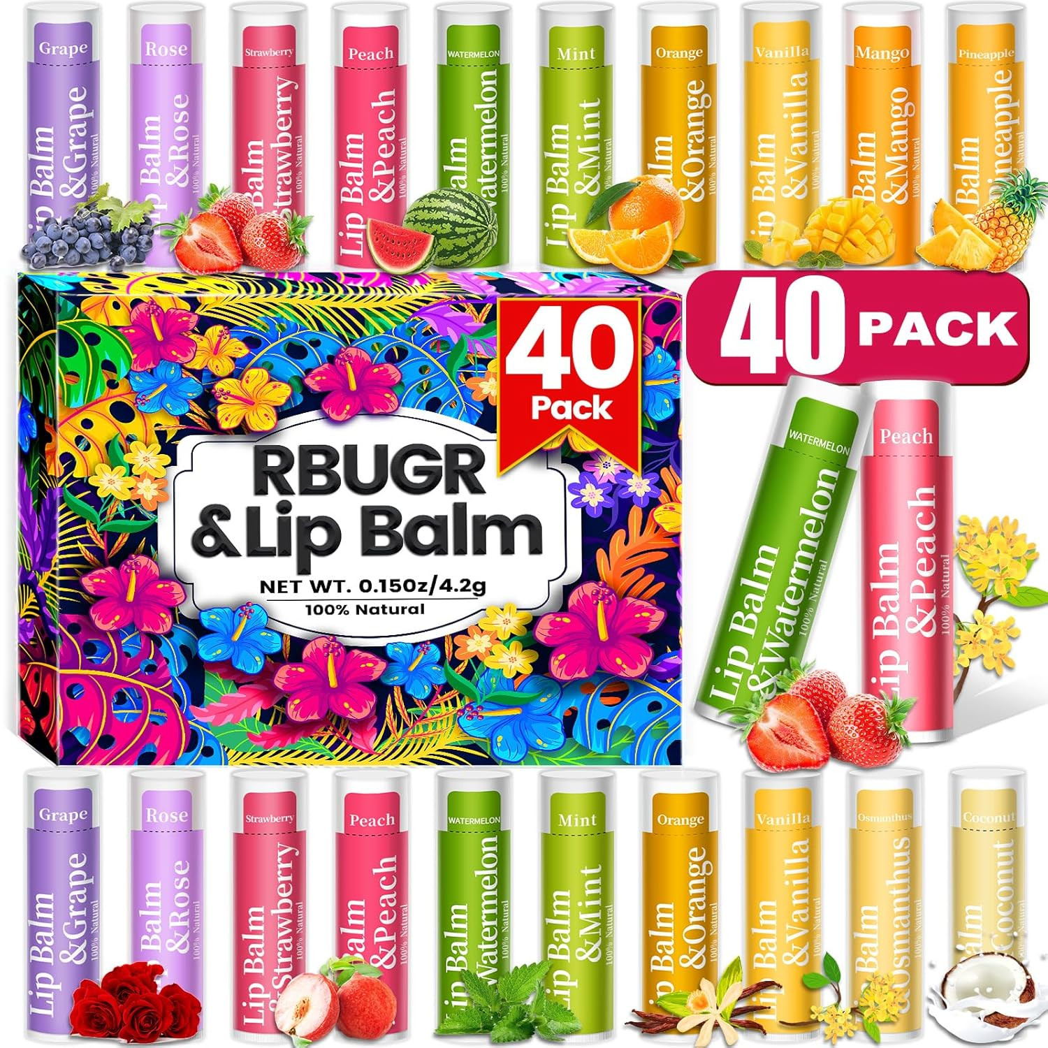 40-Pack Natural Lip Balm Set 12 Flavors Moisturizing Chapstick Gift Bulk