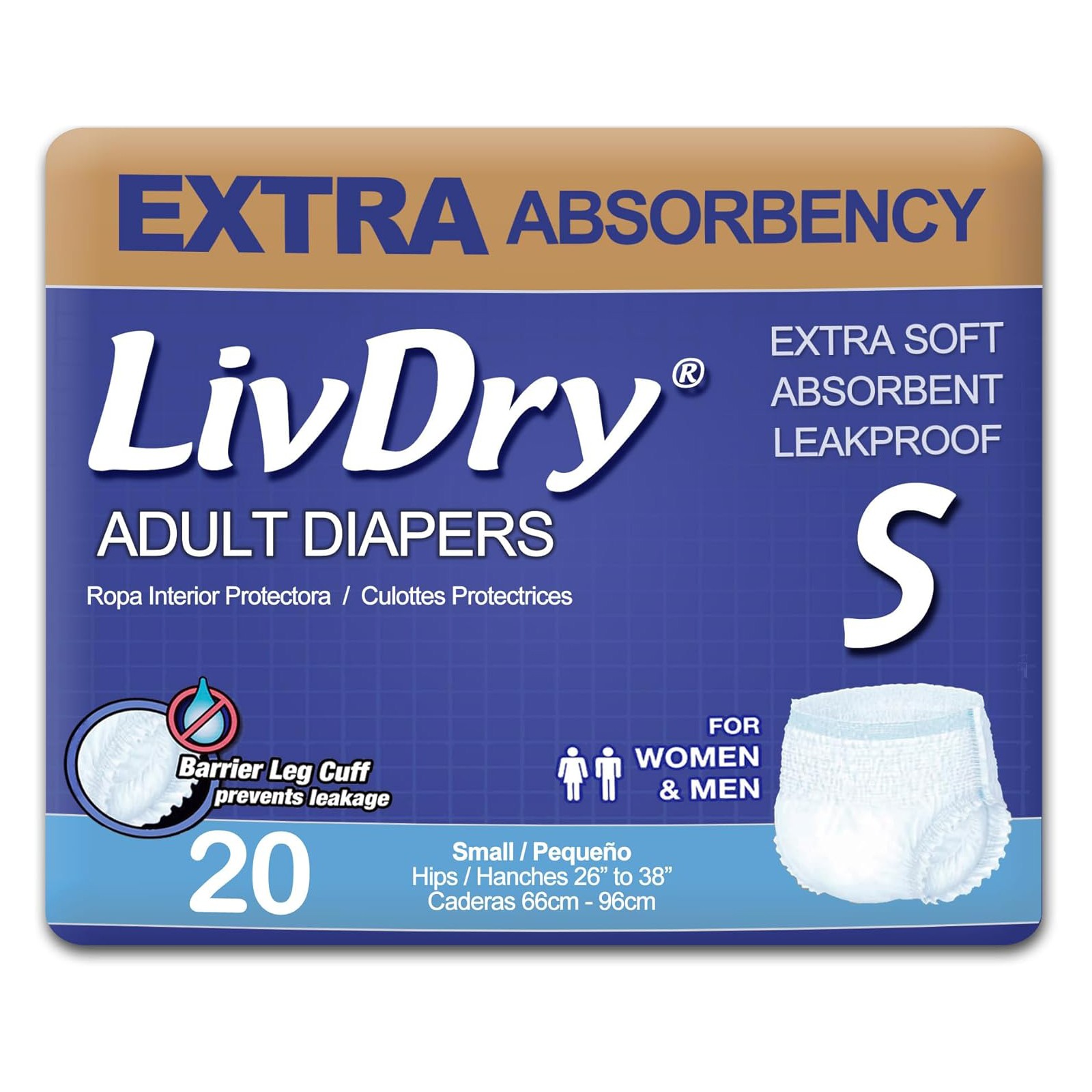 LivDry Adult Unisex Incontinence Underwear Extra Soft Absorbent, Small, 20 Count