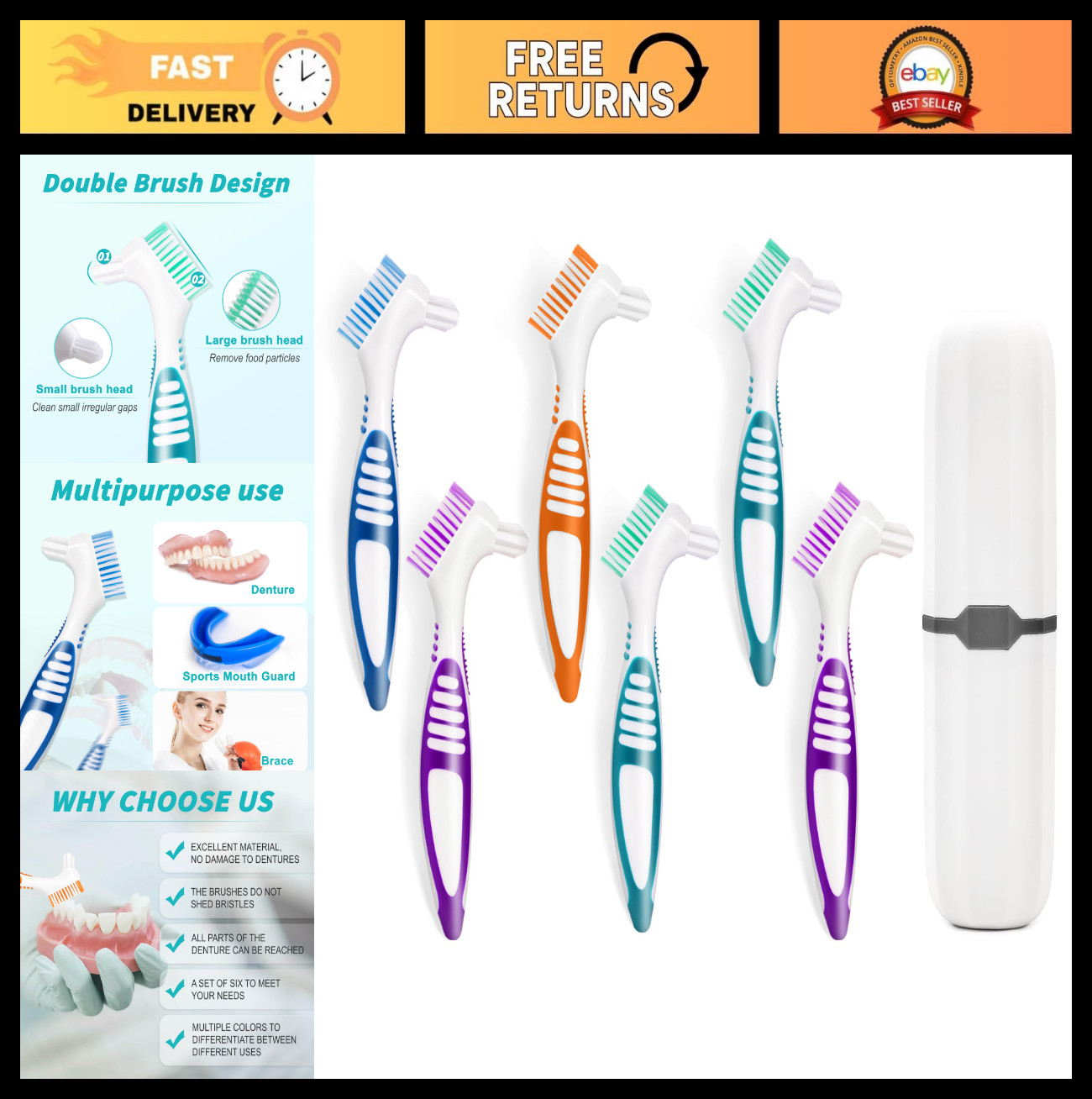 6 Pcs Denture Brush Set for False Teeth – Double-Sided Toothbrushes, Soft Bristl