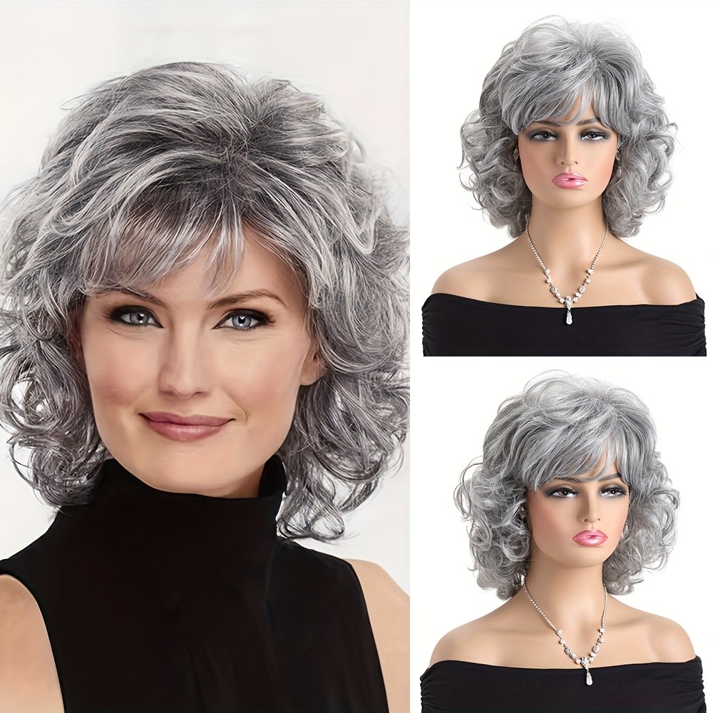 Short Curly Hair Mixed Grey Bangs Wig Heat-resistant Synthetic Wig For Women