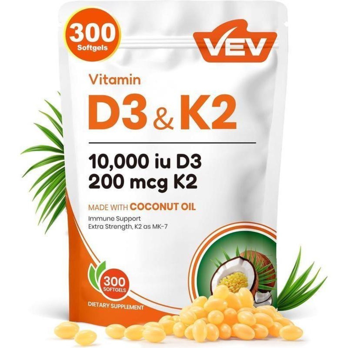 NEW VEV 2-in-1 Vitamin D3 + K2 Supplement with Virgin Coconut Oil