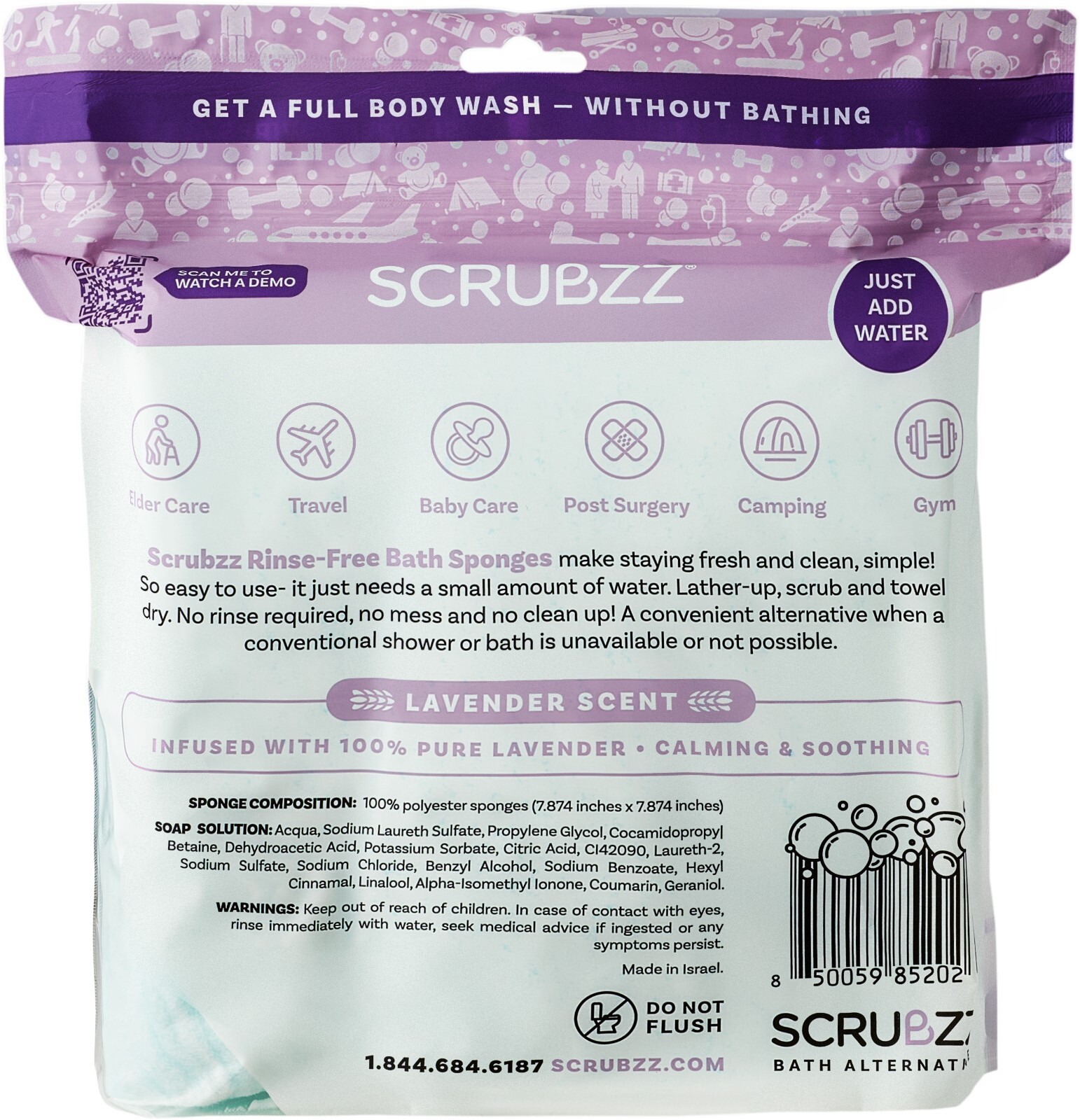 Scrubzz Disposable Rinse Free Bathing Sponges – Lavender, 75 Count