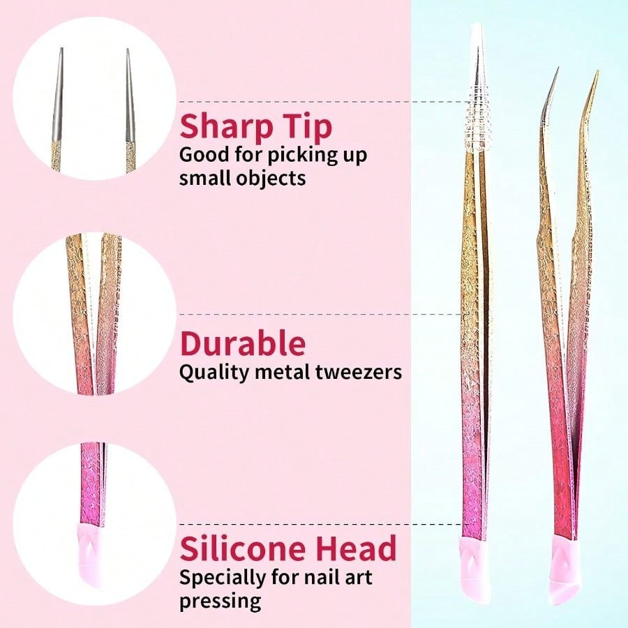 2Pcs Default Nail Art Tweezers Straight Curved Tip With Silicone Pressing