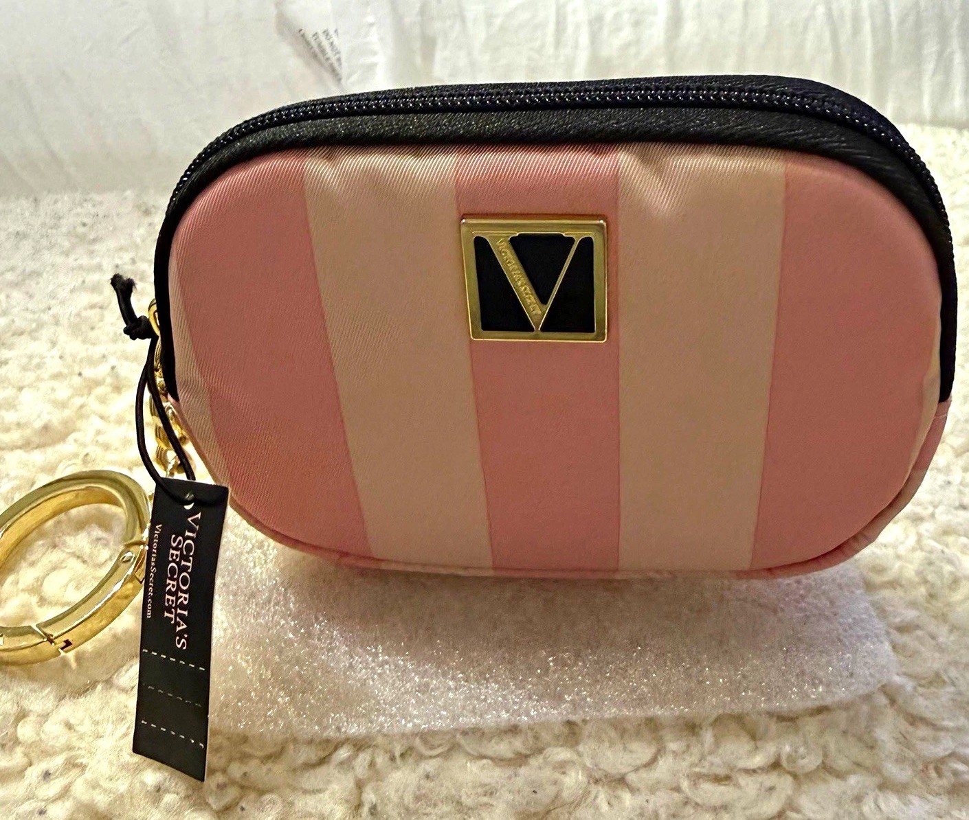 Victoria’s Secret PINK Pink/White Stripe Zipper Mini Bag Pouch w/ Key Ring