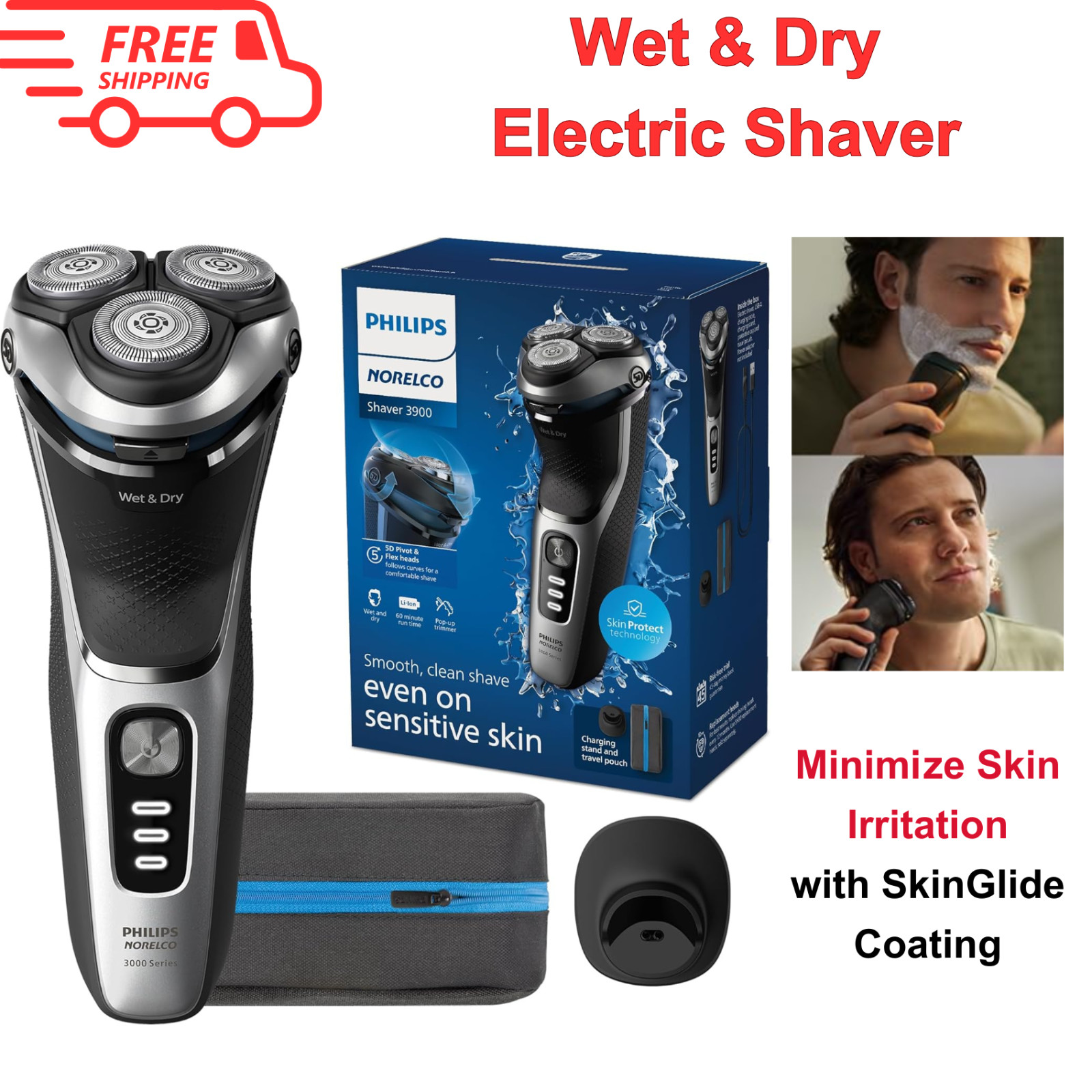 Wet & Dry Electric Shaver 3900 Series, 5D Pivot, Travel Pouch, Stand, S3341/92
