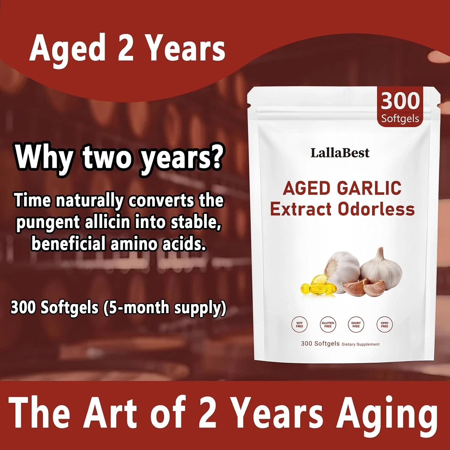 Odorless Garlic 7500mg Aged Garlic Extract 300 Softgels 2 Year Aged