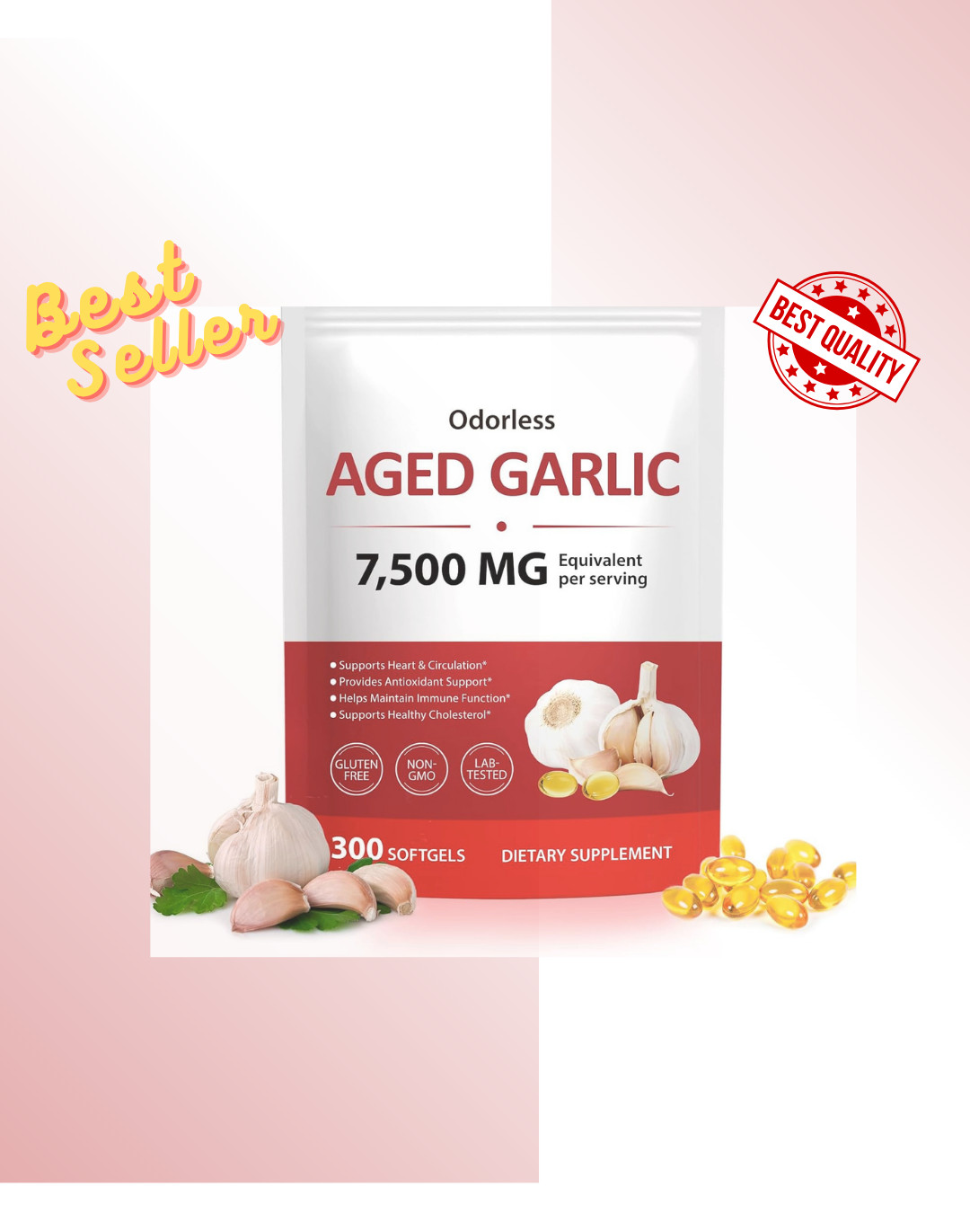 Odorless Garlic 7500Mg per Servings, 300 Softgels | 2 Years Aged Garlic Extra…