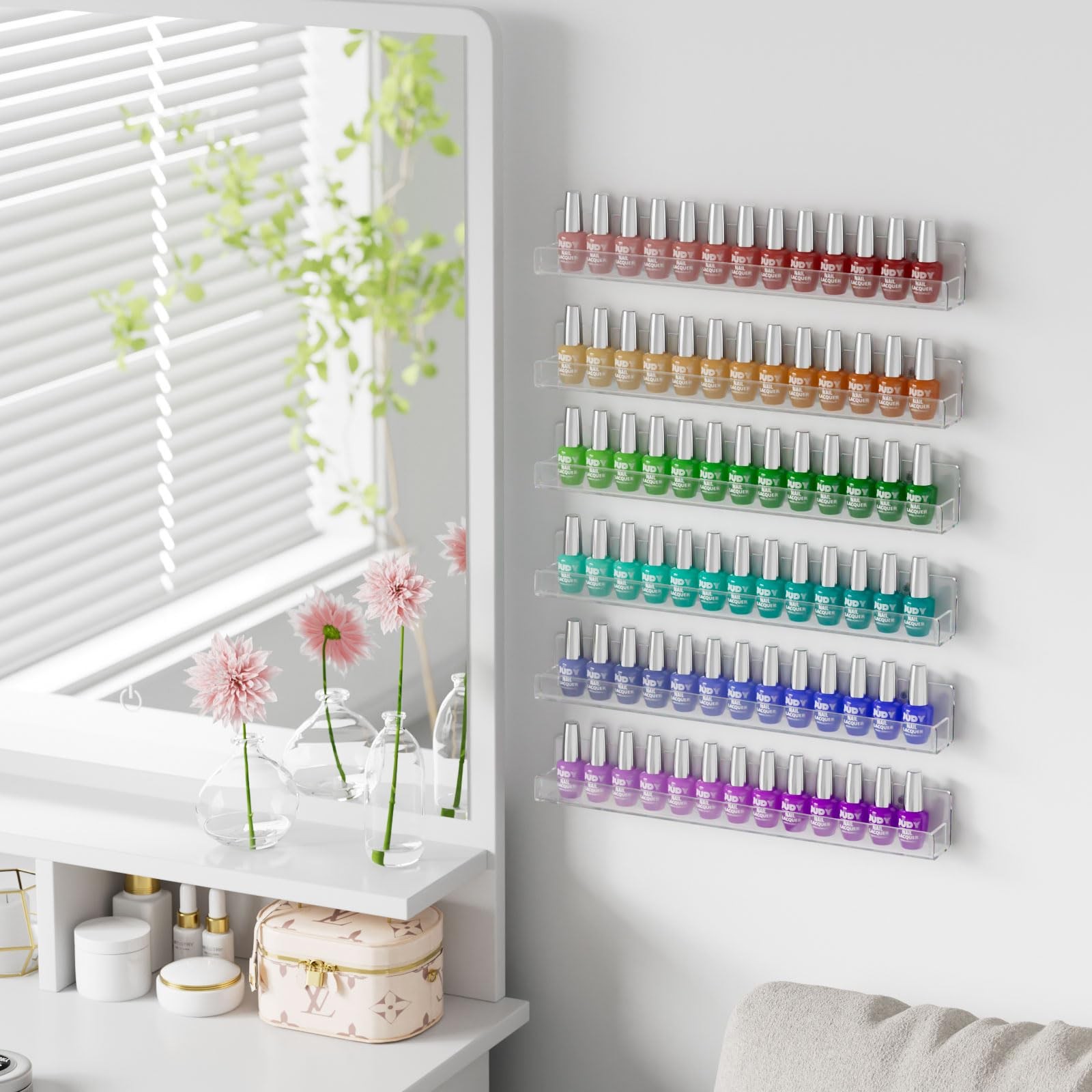 6 Pack Nail Polish Rack Wall Mounted Shelf with Removable Anti-Slip End Inser…