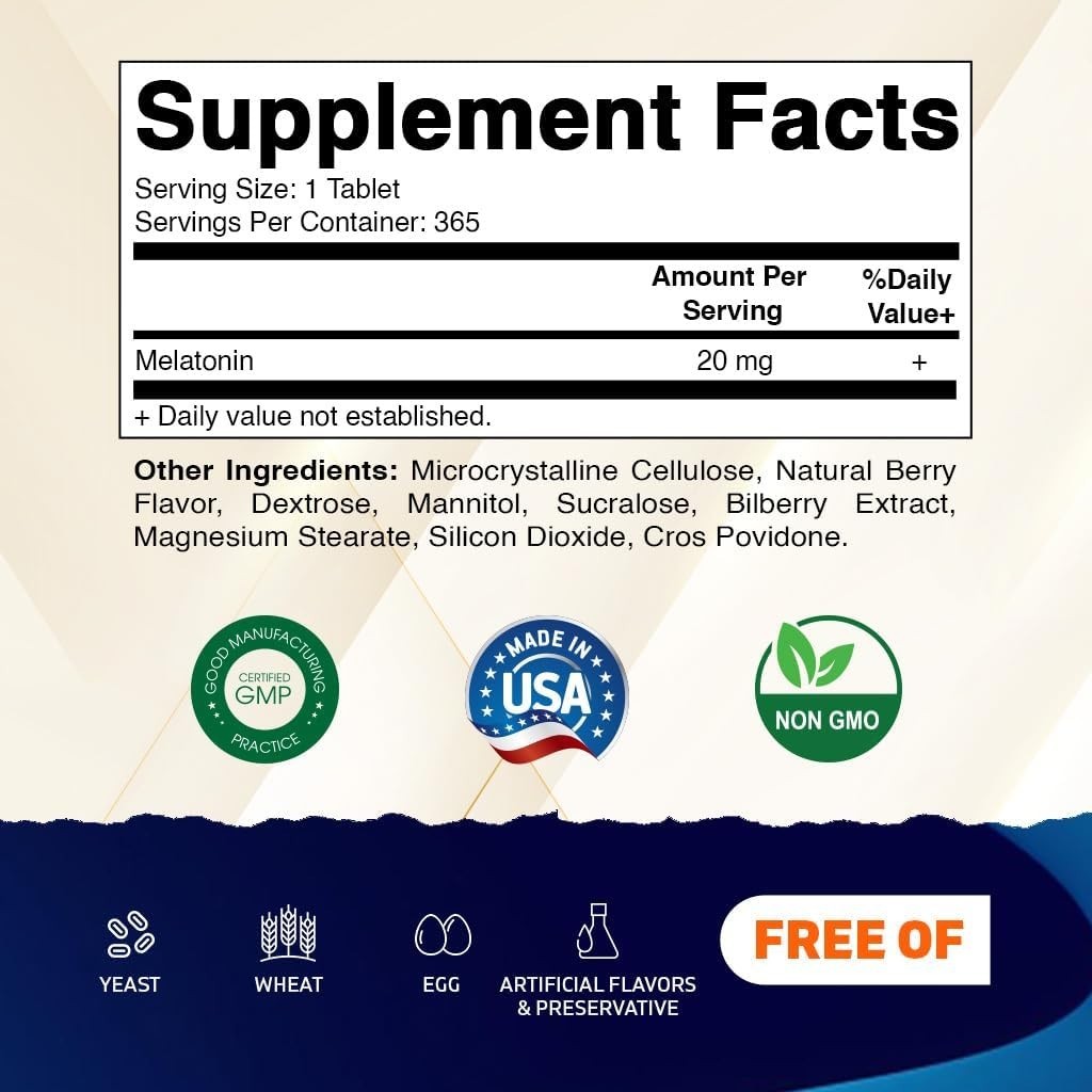 Vitamatic Melatonin 20 mg Tablets | Vegetarian, Non-GMO, Gluten Free | 1 Year…