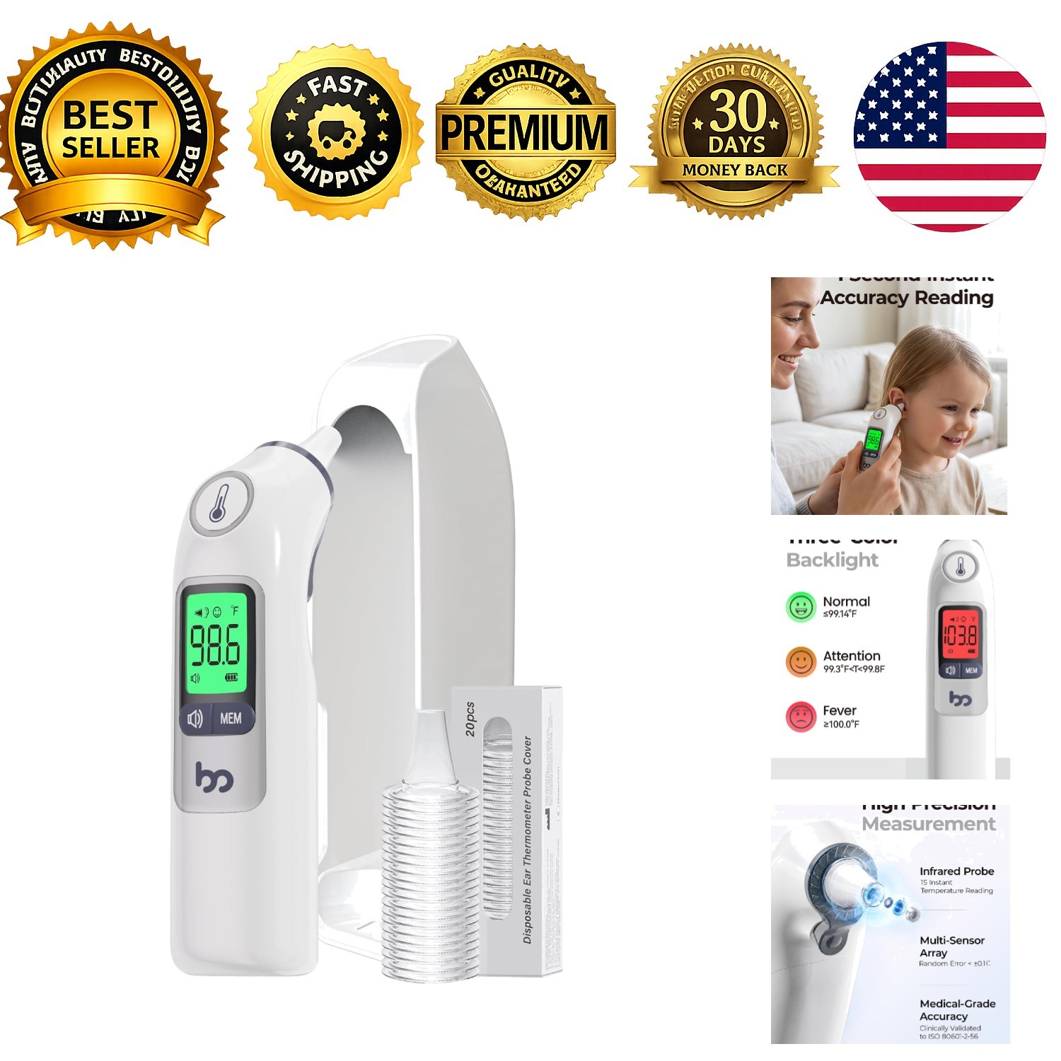 Ear Thermometer for Adults and Kids 1-Second Infrared Digital Thermometer 30