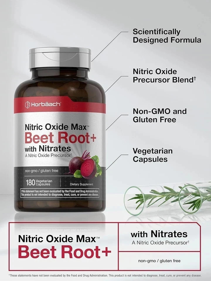 Nitric Oxide Beet Root Capsules | With Nitrates | 180 Count | by Horbaach